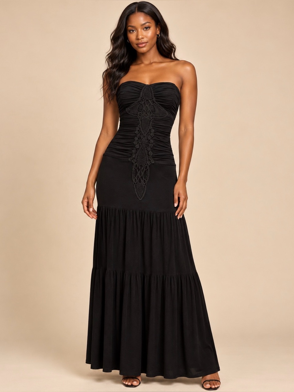 Sky Brand Black W/Crochet-Detail Maxi Dress - Women Size M